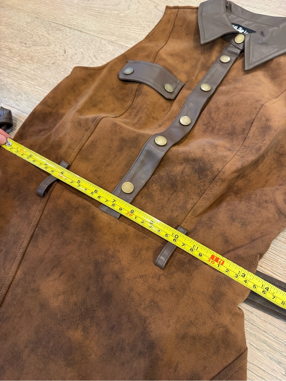 [NWOT] En Saison Size S Brown Faux Suede Leather Trim Belted A-Line Dress - Picture 12 of 13